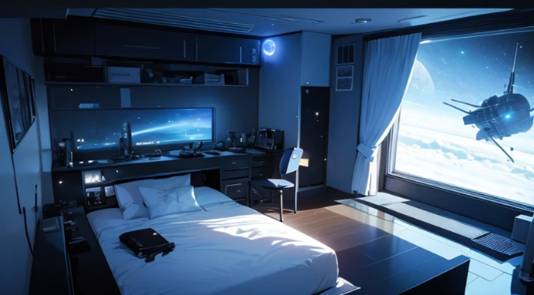 Mato Kuroi from black rock shooter on a bed in a bedroom, space, space ship, bed, bedroom, futuristic, moon,