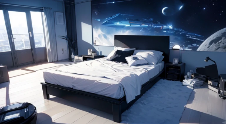 Mato Kuroi from black rock shooter on a bed in a bedroom, space, space ship, bed, bedroom, futuristic, moon,