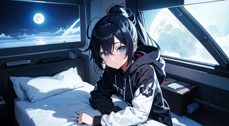 Mato Kuroi from black rock shooter on a bed in a bedroom, space, space ship, bed, bedroom, futuristic, moon,