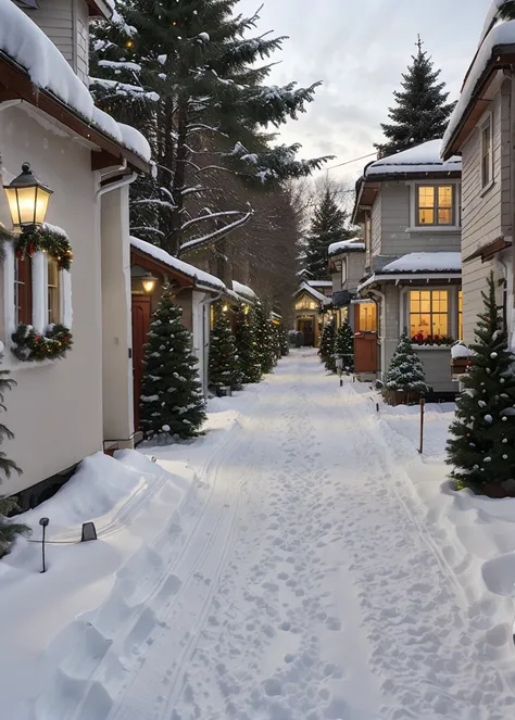 A typical street with snowy Christmas houses.