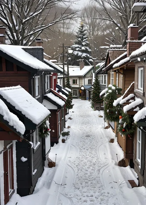 A typical street with snowy Christmas houses.