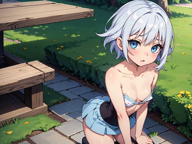 shota, short silver hair, cute Cleavage, cute miniskirt, thin body, leaning forward, park, blue eyes, cute pose, tiny boobs, naked chest, orgasm, nymphomaniac, androgynous, otoko no ko, big penis, big testicles,