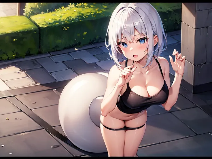 shota, short silver hair, cute Cleavage, cute miniskirt, thin body, leaning forward, park, blue eyes, cute pose, tiny boobs, naked chest, orgasm, nymphomaniac, androgynous, otoko no ko, big penis, big testicles,