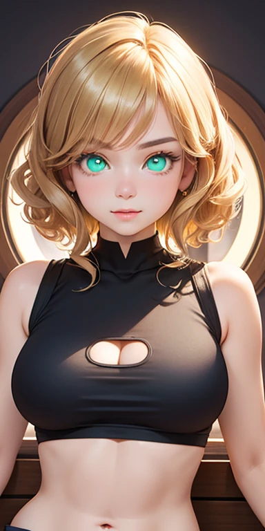 baby face, short gold hair,curly hair,wavy hair, (photorealistic:1.4), (masterpiece, sidelights, exquisite beautiful eyes: 1.5), masterpiece*portrait, realistic, 3D face,kawaii face,front view: 1.5、 (glowing green eyes:1.2),plump face:1.5,(tareme:1.5)、(dru...