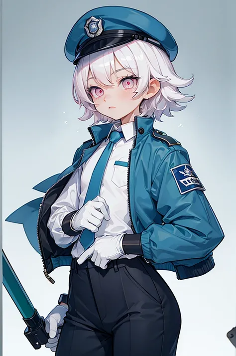 1boy, skinny, fragile figure, short white fluffy hair, pink eyes, blue jacket, white shirt, dark blue tie, green armband, blue trousers, white gloves, black berets, police cap