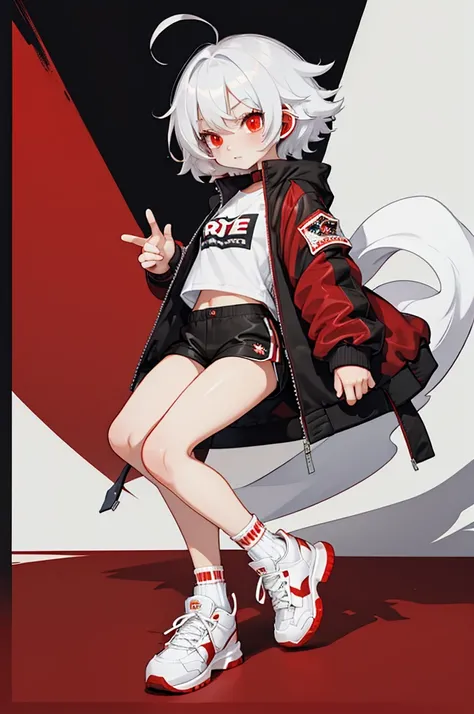 1girl, skinny, small breast, medium short fluffy hair, white hair, (red streaks hair), red eyes, white t-shirt, black bomber jacket, red stripes on the bomber, red hood, long arms, black shorts, red stripes on shorts, white socks, red sneakers, open jacket