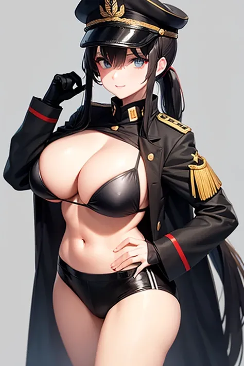 Military Uniform, Long Black Hair, Breast, Military Cap, Ponytail, Bikini