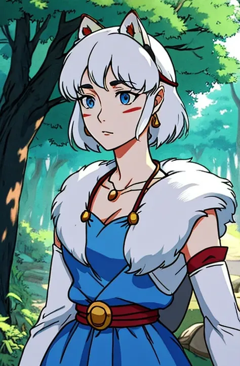 Ghibli Style, San (Mononoke Hime), 1girls, armlet, bangs, whitehair, black undershirt, breasts, capes, diadem, earrings, Face Paint, floating hair, forests, fur capes, blue eyes, jewelry, looking at the audience, medium breasts, natural, necklace, outdoor,...