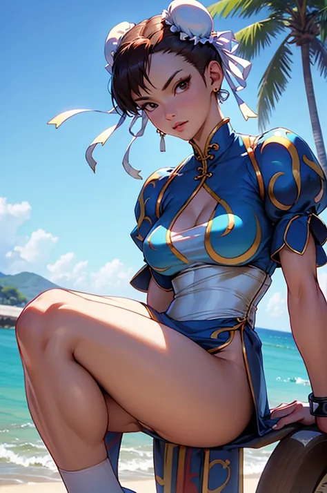 Chun-Li,linda jovem com uniforme azul classico, coxas grossas, belas coxas sexy,um pouco muscolosa, cabelo preso