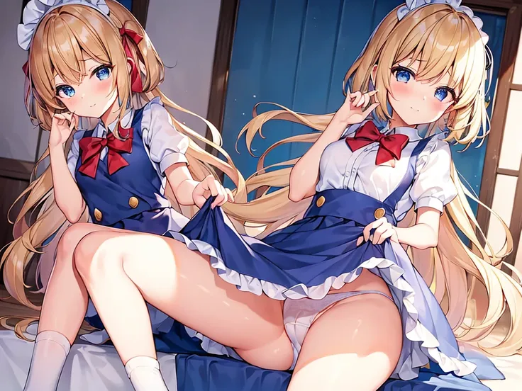 (((no panty panty))),(((オマンコ))),(((No underwear))),((Panties are lowered to the knees)),1girl in, 独奏, length hair, blue eyess, blonde  hair, diadems, sitting on, panthyhose, doress, the bow, The card, pinafore, shairband, PlayingCards, looking at the viewe...