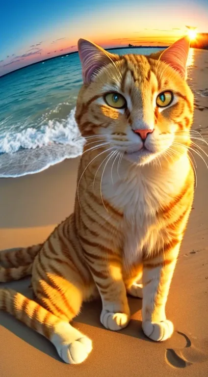 Big fluffy yellow cat taking a selfie on the beach, Sunset, fish-eye lens, establishing shot, Pastel Color Grading, depth of field movie effect, film noir genre, 8K resolution, High quality, Ultra Detail