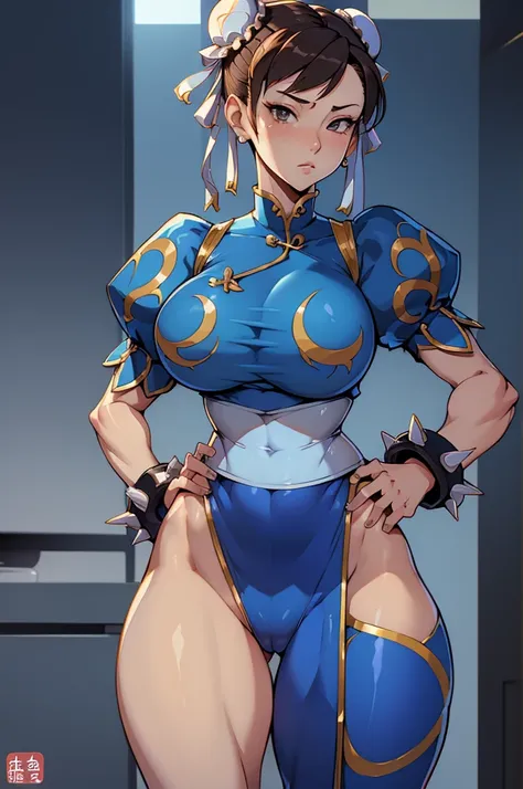 Chun-Li,linda jovem com uniforme azul classico, coxas grossas, belas coxas sexy,um pouco muscolosa, cabelo preso