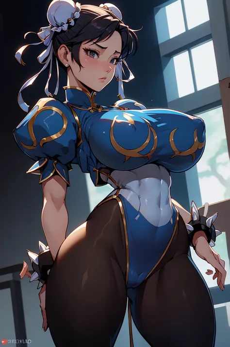 Chun-Li,linda jovem com uniforme azul classico, coxas grossas, belas coxas sexy,um pouco muscolosa, cabelo preso, black tights, floresta,noite ceu estrelado