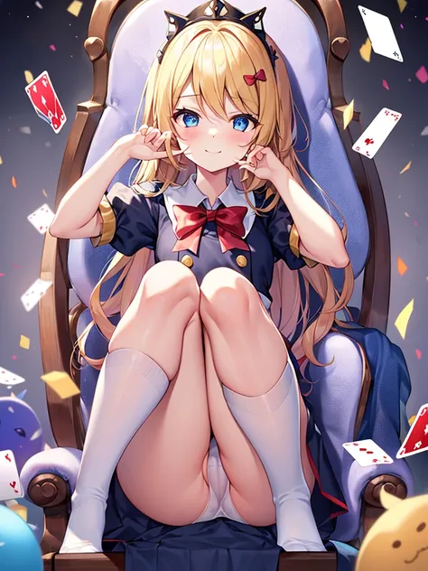 (((Not wearing panties))),(((オマンコ))),1girl in, 独奏, length hair, blue eyess, blonde  hair, diadems, sitting on, panthyhose, doress, the bow, The card, pinafore, shairband, PlayingCards, looking at the viewers, shortsleeves, 髪のthe bow, 青いshairband, A smile, ...