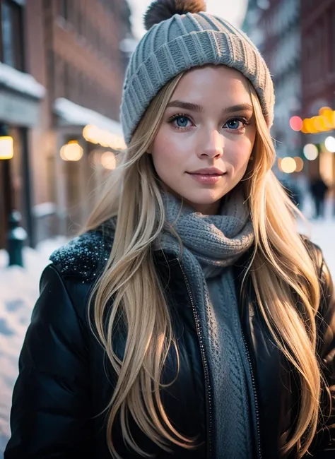 Professional portrait photo of a beautiful Norwegian girl in winter clothes with long wavy blond hair, sultry flirtatious look, Sommersprossen, Beautiful symmetrical face, cute natural makeup, elegante, warme Wintermodekleidung tragen, Standing outside in ...