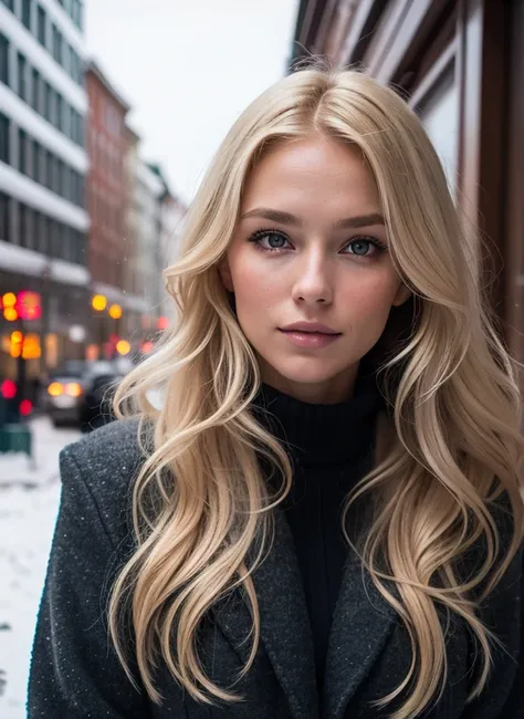 Professional portrait photo of a beautiful Norwegian girl,completely nude, with long wavy blond hair, sultry flirtatious look, Sommersprossen, Beautiful symmetrical face, cute natural makeup, Standing outside in the snowy city street