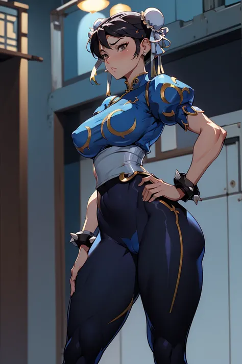 Chun-Li,linda jovem com uniforme azul classico, coxas grossas, belas coxas sexy,um pouco muscolosa, cabelo preso, black tights, floresta,noite ceu estrelado, Standing alone.solo,roupa azul