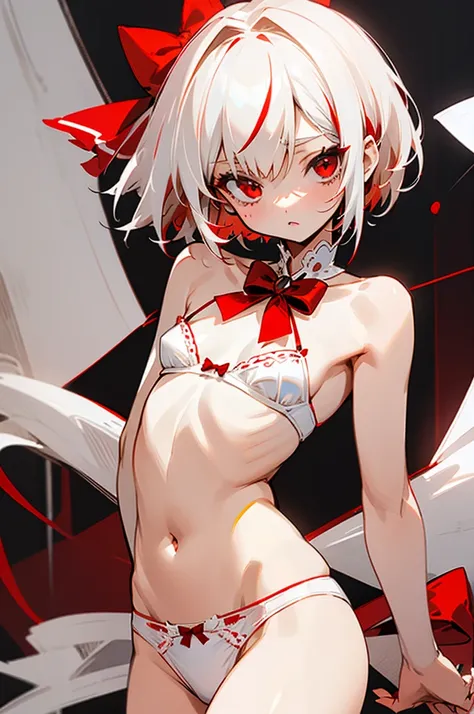 1girl, skinny, small breast, medium short fluffy hair, white hair, (red streaks hair), red eyes, white underwear, red small bow on bra, red small bow on panties