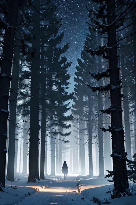 (best quality,4k,8k,highres,masterpiece:1.2),ultra-detailed,night scene,oak trees and pine trees,dimly lit pathway,lonely figure walking,dark mysterious atmosphere,(eerie,luminous) lighting,in the heart of the dark forest,car headlights shining,a photo in ...