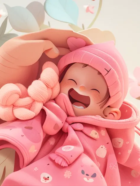 A cute happy baby, retrato, wearing a pink hooded jumpsuit , de olhos fechados mas com um leve sorriso no rosto , a hand holding the baby, passarinho no fundo com tulipas amarelas, barnet, desenhos animados, estilo pixar, 3d, desenhos animados, rosto detal...