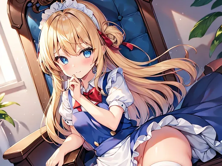 1girl in, (No Panties),(OPEN twat), length hair, blue eyess, blonde hair, diadems, sitting on, I dont wear any underwear、A pose where you can be seen from below、Spreading legs with both hands、full view, doress, the bow, The card, pinafore, shairband, Playi...