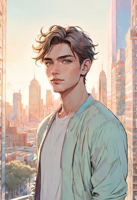 from outside, (Handsome young man), complex light, pastel colours, (((Detailed face))), against the backdrop of the city