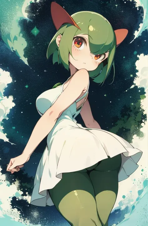 masterpiece, best quality, 1 girl, solo, kirlia, green hair, red eyes, white dress, green skin, short hair, wide hips, thick thi...