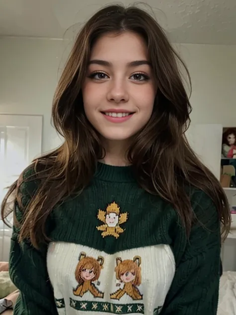 create a picture of a girl with long brown hair, die glatt sind. green eyes and a nice smile! Realistic style. Nice light makeup. Teenager. Canadian. Sweet. 8k. Cute sweater