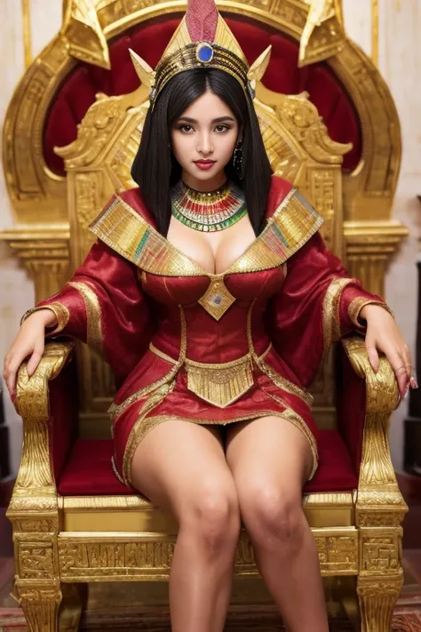 ((show pussy:1), (masterpiece:1.5), (Best Quality:1.1), 16K HDR, High resolution), beautiful Indonesian young woman, (Ancient Egypt national costumes with diamond crown:1.4), black short hair, gigantic cleavage breasts, Colossal tits, pure white skin, supp...