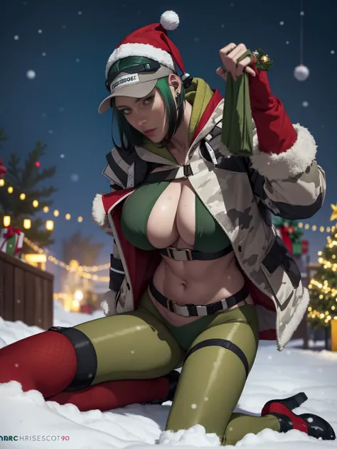 ela_(rainbow_six_siege), masterpiece, best quality, 1girl, camouflage, solo, green hair, cuerpo completo , grandes tetas, gran trasero, voluptuoso, piernas abiertas , pose sexy , escote , Christmas hat , Christmas Clothes, nieve , christmas lingerie, chris...