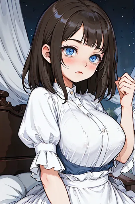 1girl, skinny, big breast, short brown hair, bangs, blue eyes, white nightgown, (tears, blushes), night, bedroom, ((half body))