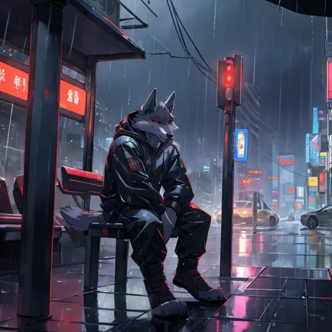 death, anthro grey wolf, hooded, sitting alone in a bus stop, raining, cyberpunk, night, highly detailed, red eyes,