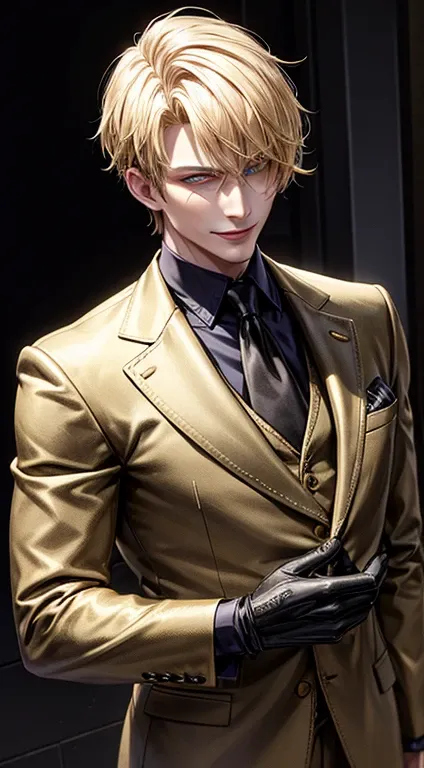 Colorful,highest details, Blonde short-haired man, Evil smile, Wear a suit and black gloves, Gold Eyes, operational, Realistic, Handsome, Evil