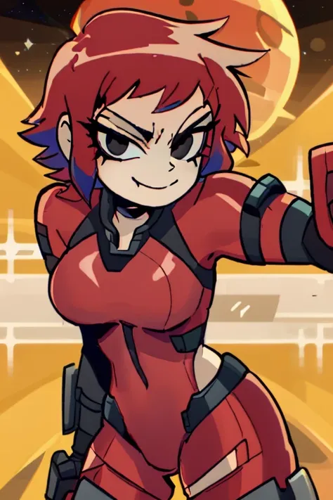 ScottPilgrim Style, 1girl, solo, smile, 1girl, solo, Jane Shepard, FemShep, short hair, red hair, black eyes, black power armor, N7, outer space, ringed planet,