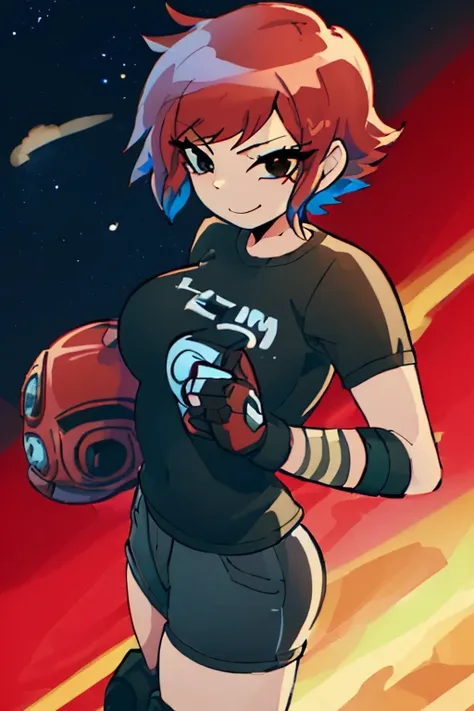 ScottPilgrim Style, 1girl, solo, smile, 1girl, solo, Jane Shepard, FemShep, short hair, red hair, black eyes, black power armor, N7, outer space, ringed planet,