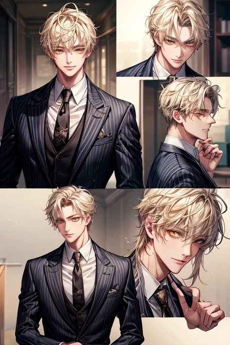 ((​masterpiece:1.2、top-quality))、1male people、short straight dark yellow hair、Yellow eyes(a handsome:1.4)、(long golden eyelashes)、‎Classroom、extra detailed face、Depiction in motion、Ring piercing in only one ear、Face Focus, , Suit, The jacket is a gray jack...