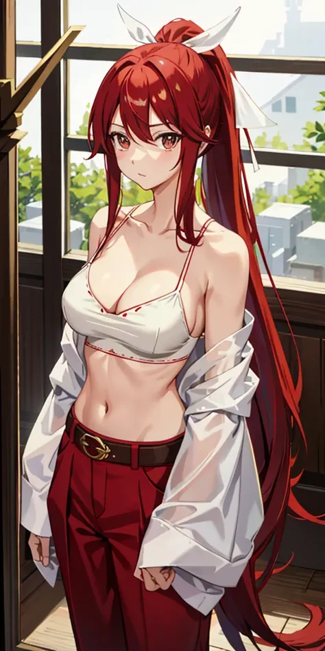 masterpiece, best quality, highres, fairy tail, 1girl, long hair, red hair, ponytail, white ribbon, hair over one eye, brown eyes, large breasts, collarbone, chest sarashi, bandage, bare arms, midriff, red hakama, red pants, cowboy shot, indoors, standing,