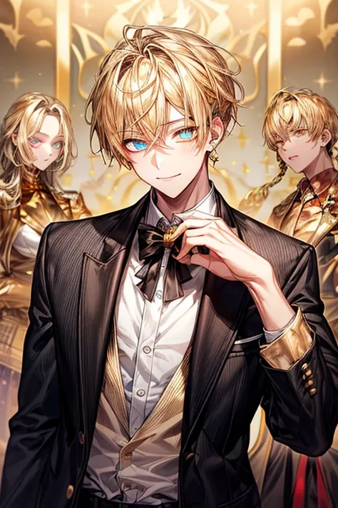 masutepiece, Best Quality, High quality, 1boy, Face Focus, Black tie、 The jacket is a gray jacket, White shirt, tie, Pants,One ear only, one earring, earrings, Best Quality, Face Detail, Detail Background, Background bokeh、a blond、(((((Golden Eyes)))))、A s...