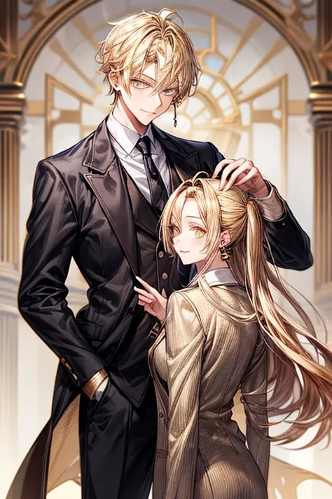 masutepiece, Best Quality, High quality, 1boy, Face Focus, Black tie、 The jacket is a gray jacket, White shirt, tie, Pants,One ear only, one earring, earrings, Best Quality 、a blond、(((((Golden Eyes)))))、A slight smil、Tall、High school students、refreshing