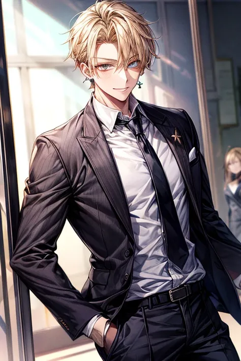 masutepiece, Best Quality, High quality, 1boy, Face Focus, Black tie、 The jacket is a gray jacket, White shirt, tie, Pants,One ear only, one earring, earrings, Best Quality 、a blond、Golden Eyes、A slight smil、Tall、High school students、refreshing