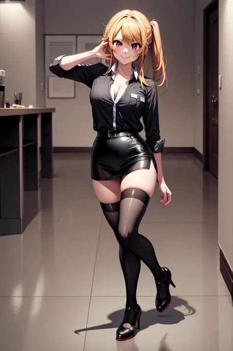 anime, beautiful face, highly detailed face, 2 accurate legs detailed eyes, highly detailed background, perfect lighting, accurate arms, accurate hands, accurate fingers, full body, 1girl, solo, ruby hoshino, oshi no ko, indoors, detailed heels, black deta...