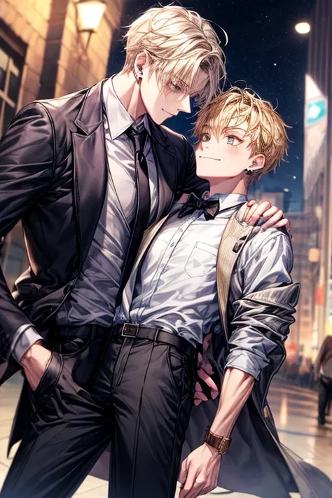 1boy, Face Focus, Black tie、 The jacket is a gray jacket, White shirt, tie, Pants,One ear only, one earring, earrings, Best Quality 、a blond、Golden Eyes、A slight smil、Tall、High school students、refreshing