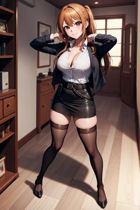 anime, beautiful face, highly detailed face, 2 accurate legs detailed eyes, highly detailed background, perfect lighting, accurate arms, accurate hands, accurate fingers, full body, 1girl, solo, ruby hoshino, oshi no ko, indoors, detailed heels, black deta...