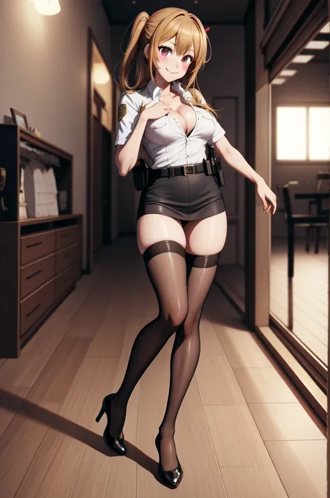 anime, beautiful face, highly detailed face, 2 accurate legs detailed eyes, highly detailed background, perfect lighting, accurate arms, accurate hands, accurate fingers, full body, 1girl, solo, ruby hoshino, oshi no ko, indoors, detailed heels, black deta...