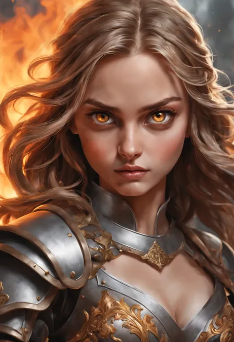 handsome girl, dark blonde hair, knight, hairlong, fire, Rage, two-handed sword, round face, natural beauty, Physical density, complete face, long eyelashes, without bangs, gray eyes, Burns, Photorealistic picture, bright colours, winner of the shutterstoc...