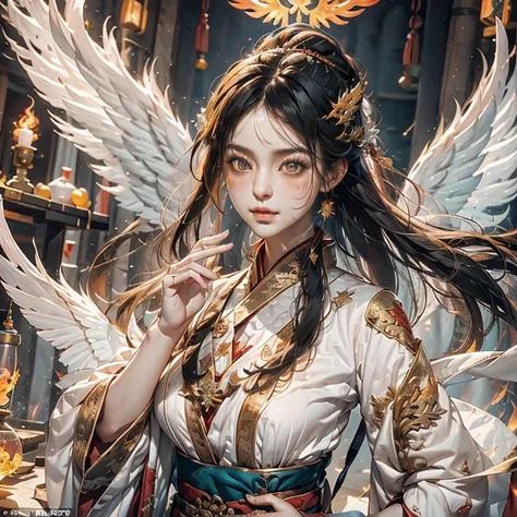 1girll，ice mage dressed in ice white chinese hanfu），the robe was embroidered with intricate runes and ornamentudes a burning bre...