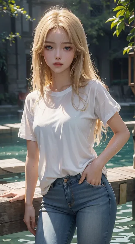 ((best quality)), ((masterpiece)), (detailed), perfect face a woman standing in water, wet hai , wet white t shirt, short denium jeans, long blond hair, beautiful background