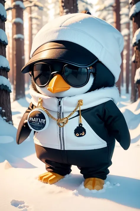 Create a vibrant cute penguin front facing in a baseball cap, gold chain and sunglasses minimalistic cartoon style, in the background a beautiful snowy forest, surrounded by presents