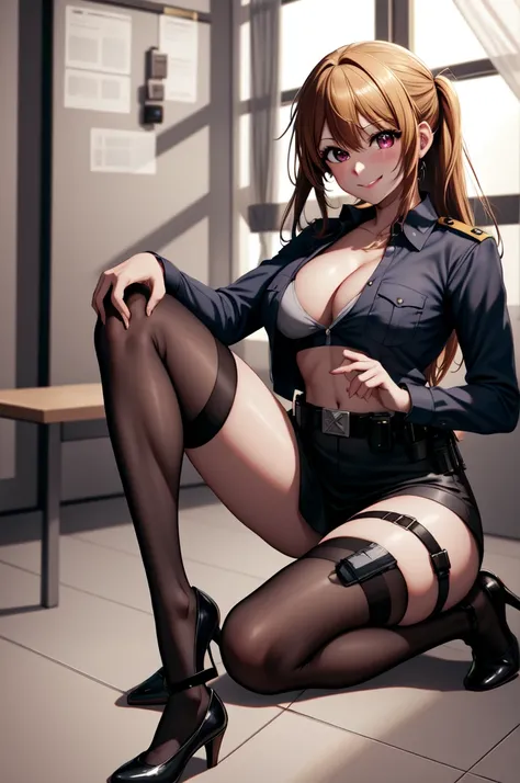 anime, beautiful face, highly detailed face, 2 accurate legs detailed eyes, highly detailed background, perfect lighting, accurate arms, accurate hands, accurate fingers, full body, 1girl, solo, ruby hoshino, oshi no ko, indoors, detailed heels, black deta...