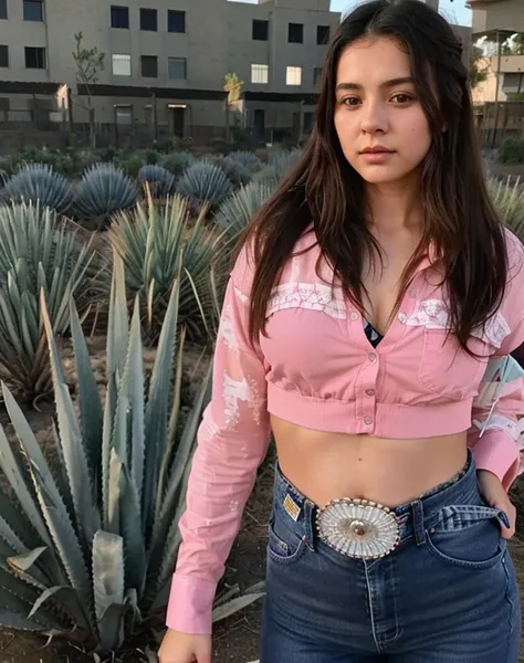 Mujer arafed con camisa rosa y jeans parada frente a un campo de agave azul, Violeta Myers, her belly button is exposed, She is about 16 years old, Llevar un sexy top recortado, she is about 1 6 years old, She is about 16 years old, Uso de crop top, Usar u...